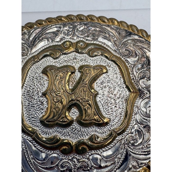 Crumrine Letter K Western Engraved Oval Belt Buckle USA Silverplate Gold Accent main image 7
